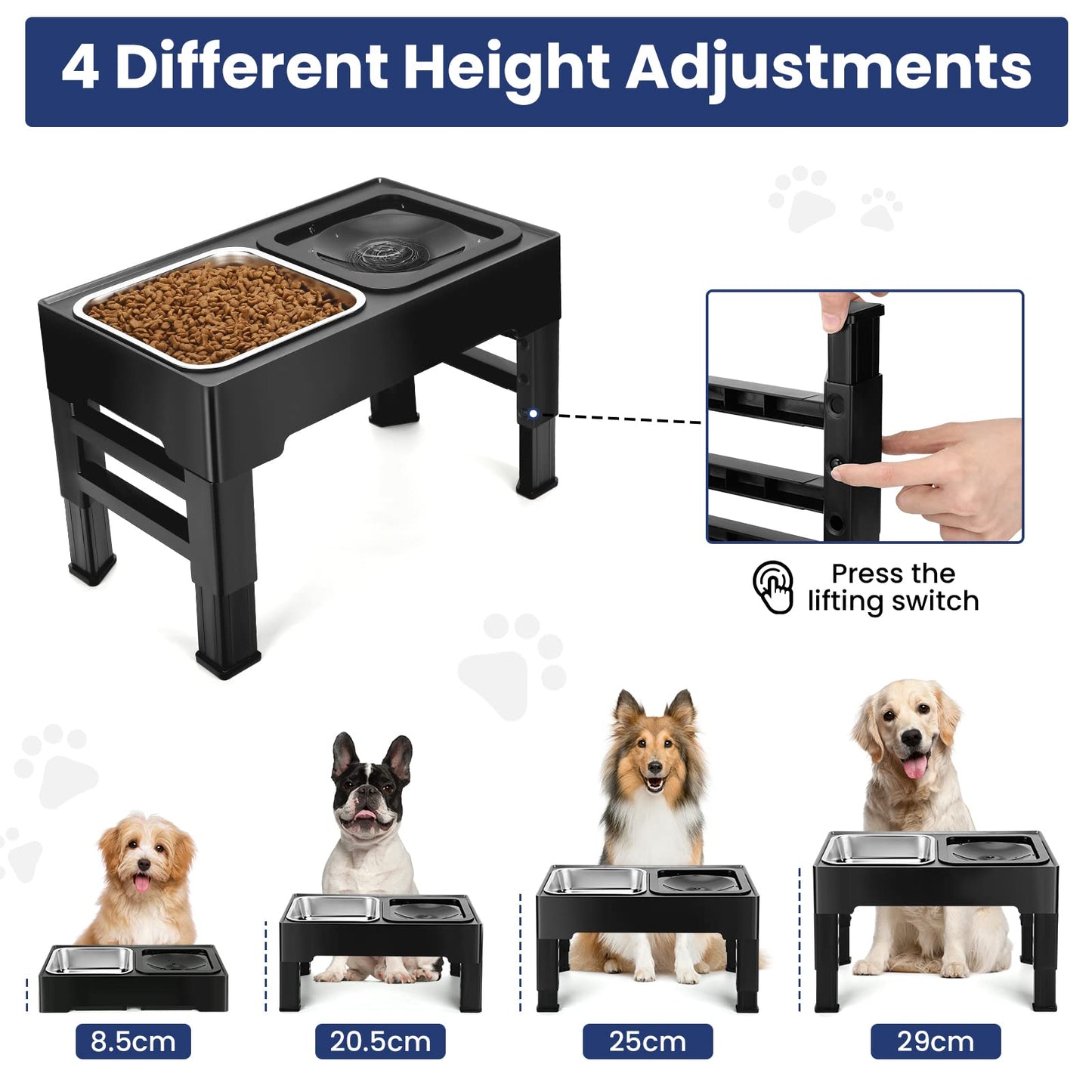 PETTOM Raised Dog Bowl 2x1600ML, Dog Bowls with Stand 4 Height Adjustable for Large Medium Small Dogs, Non Spill Dog Water Bowl & Stainless Steel Dog Food Bowl Set