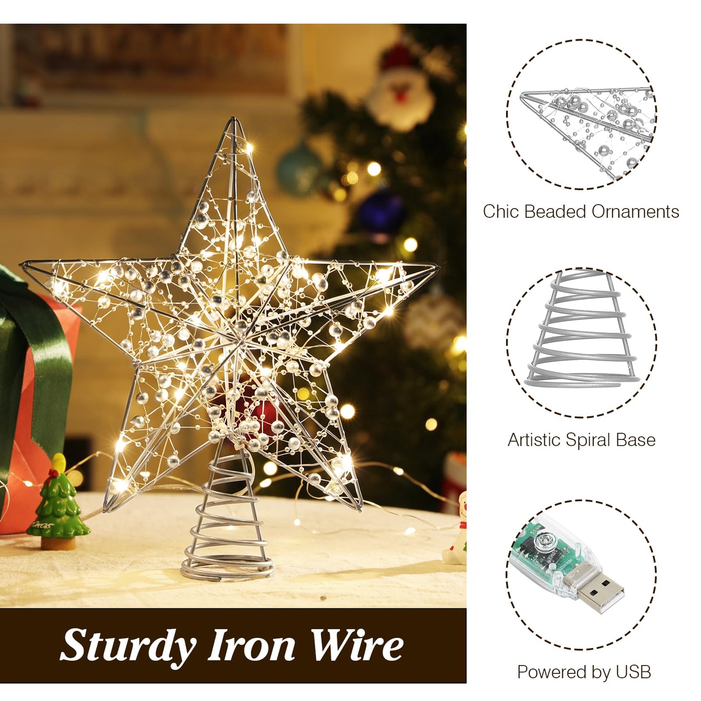 Lewondr Christmas Star Tree Topper, USB Powered Remote Controlled 11 Inch Christmas Tree Topper Beaded Star Light, 6H Timer Christmas Tree Star Topper for Xmas Tree Home Holiday Party Decor, Silver