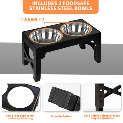 FOREYY Adjustable Elevated Dog Bowls with 2 Stainless Steel Bowls, Raised Dog Bowl 5 Heights (8, 22, 25,28, 31 cm), Non-Slip Dog Food water Bowl Stand for Small Medium Large Dogs(Grey)