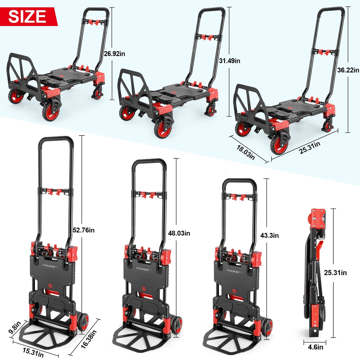 330LB Folding Hand Truck Heavy Duty Carrying, Combination of Four Wheels and Two Wheels Convertible Dolly Cart with Retractable Handle Dolly for Moving Office Carts.