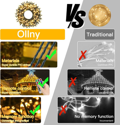 Ollny 20m 200 LED Outdoor Fairy Lights Mains Powered, Warm White Waterproof String Light with Plug/Remote/Modes/Timer, Bright Lighting Outside Indoor Garden Party Wedding Decorations