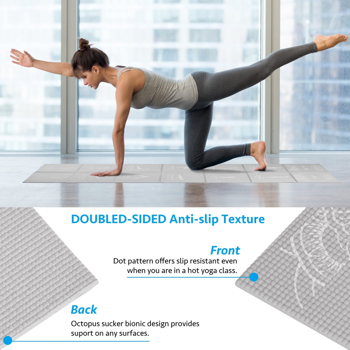 Foldable Yoga Mat for Women, Non Slip Exercise Mat for Home Gym, 5mm Travel Yoga Mats Set With Stretch Strap for Yoga Pilates and Fitness, 68"L x 24"W x 0.2 Inch Thick