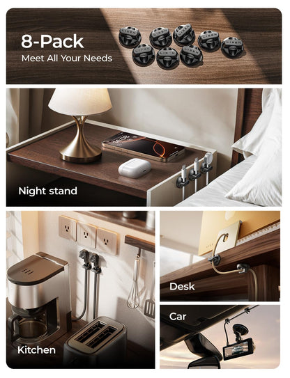 8-Pack Magnetic Cable Clips [1S Snap-On] Cord Holder, LISEN Office Desk Organizers and Accessories with 4 Extra Strong Adhesive Pads, Wire Organizer for Nightstand, Home, Wall, Car, Desktop