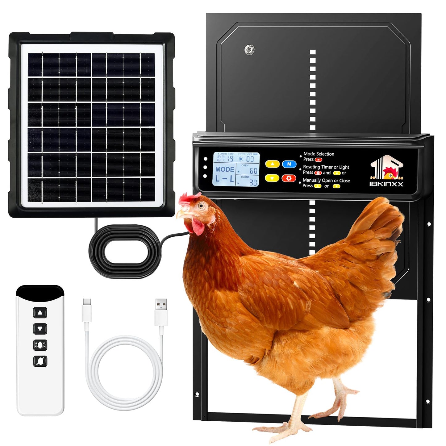 Automatic Chicken Coop Door Solar Powered with Timer, Light Sensor, Remote Control, LCD Display, Aluminum Alloy 4 Auto Modes Wide Chicken House Door, Anti-Pinch, Weatherproof, USB Backup, Black