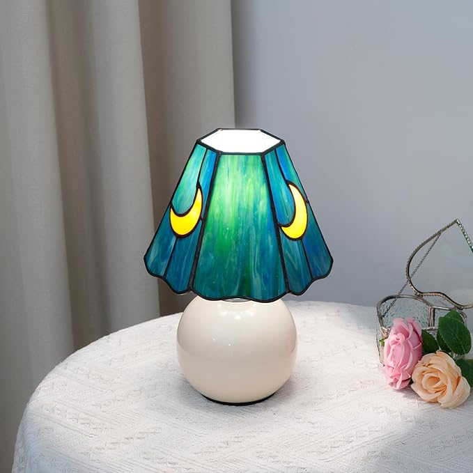 Mushroom Tiffany Lamp Stained Glass Moon Lamp Small Bedside Table Lamps for Bedroom Dorm Living Kitchen, Home Birthday Christmas Thanksgiving Day Gift (Sea Blue)