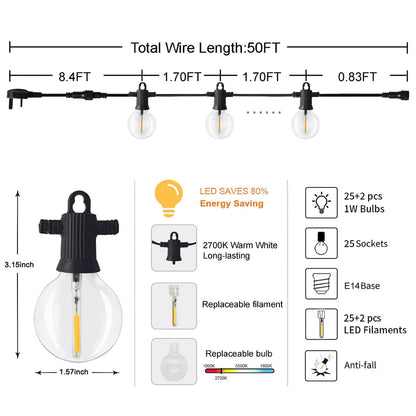 ZOTOYI LED Outdoor String Lights Mains Powered, 50Ft Waterproof IP65 Garden String Lights, 25+2 G40 Globe Bulbs(2 Spare), Shatterproof Festoon Lights for Outside Bistro Backyard Party Cafe