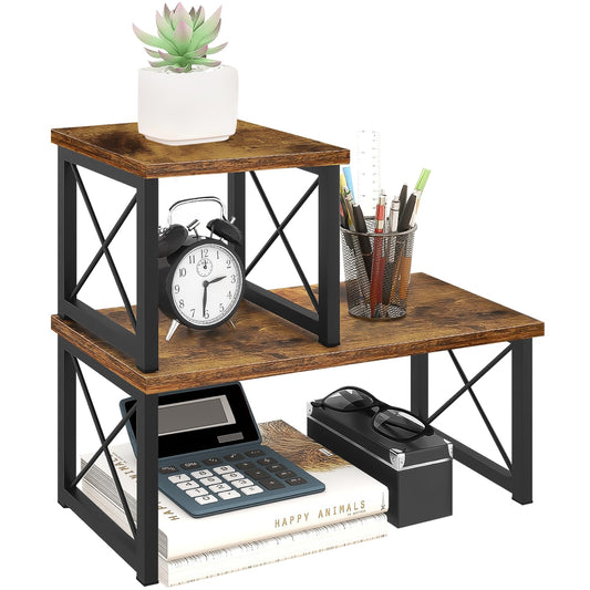 ELITEROO Wood Desktop Shelf, 2 Tier Adjustable Small Bookshelf Organizer, Freestanding Stackable Desk Stand, Storage Organizers, Kitchen Counter Display Rack, Rustic Brown