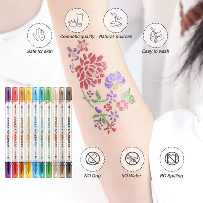 HAWINK Temporary Tattoo Markers for Skin, 10 Body Markers + 20 Large Tattoo Stencils for Kids and Adults, Dual-End Tattoo Pens Make Bold and Fine Lines ZYH2208001KIT