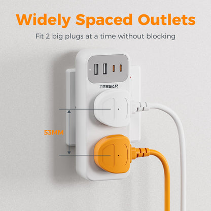 Double Plug Adaptor with 4 USB(2 USB C), TESSAN 2 Way Multi Plug Extension Adapter, UK 13A Fuse Multiplug Sockets Power Extender for Home, Kitchen, Office, School Supplies