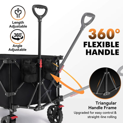 Hikenture Folding Wagon Cart, Portable Large Capacity Beach Wagon, Heavy Duty Utility Collapsible Wagon with All-Terrain Wheels, Outdoor Garden Cart Foldable Wagon for Sports, Shopping, Camping(Black)