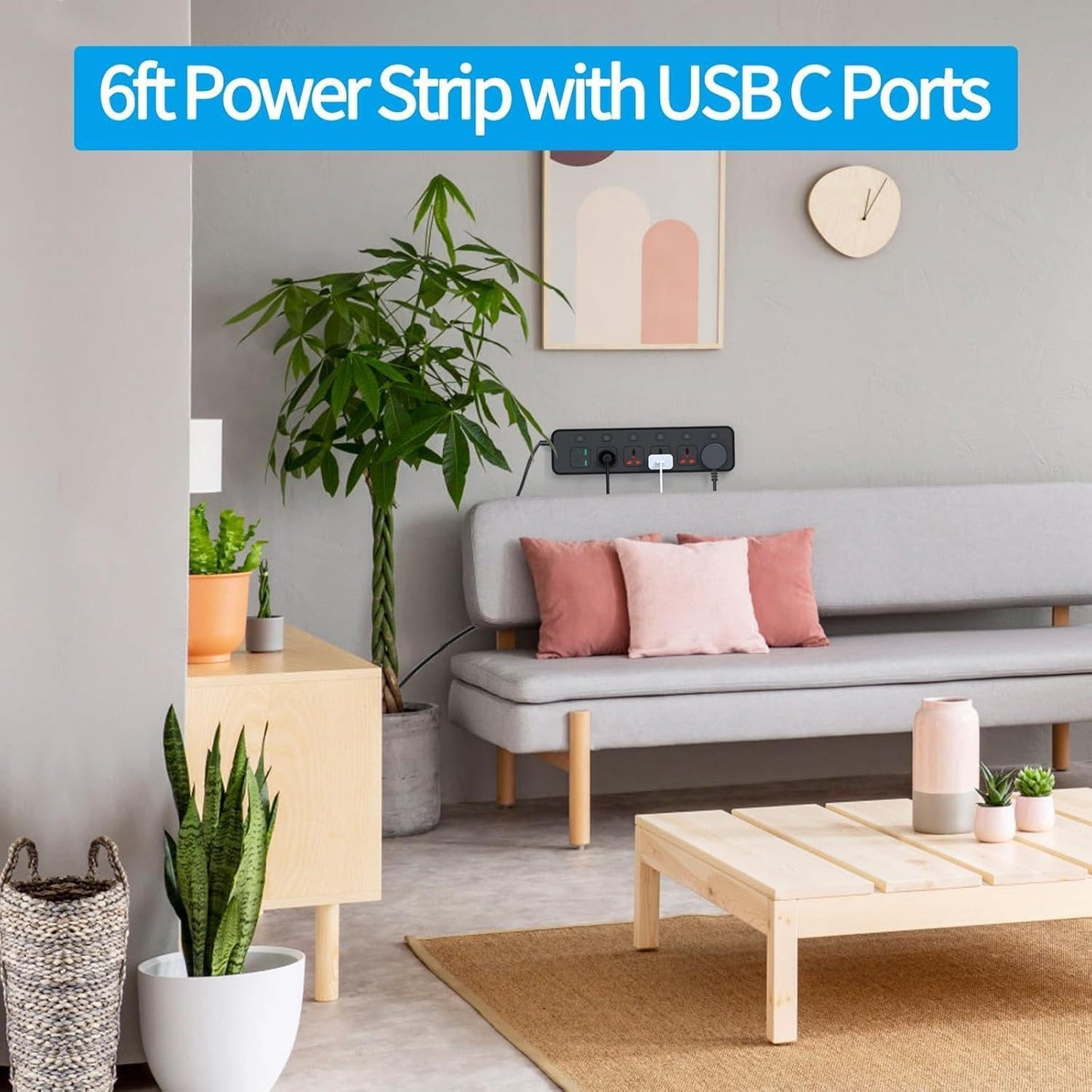 Flat Plug Power Strip with Individual Swtich, Jumpso 6ft Universal Extension Cord with 5 Outlets and 2 USB 4 USB C Ports, Max 3000w, 110-240v, Multiple Outlets Plug Adapter for Office Travel