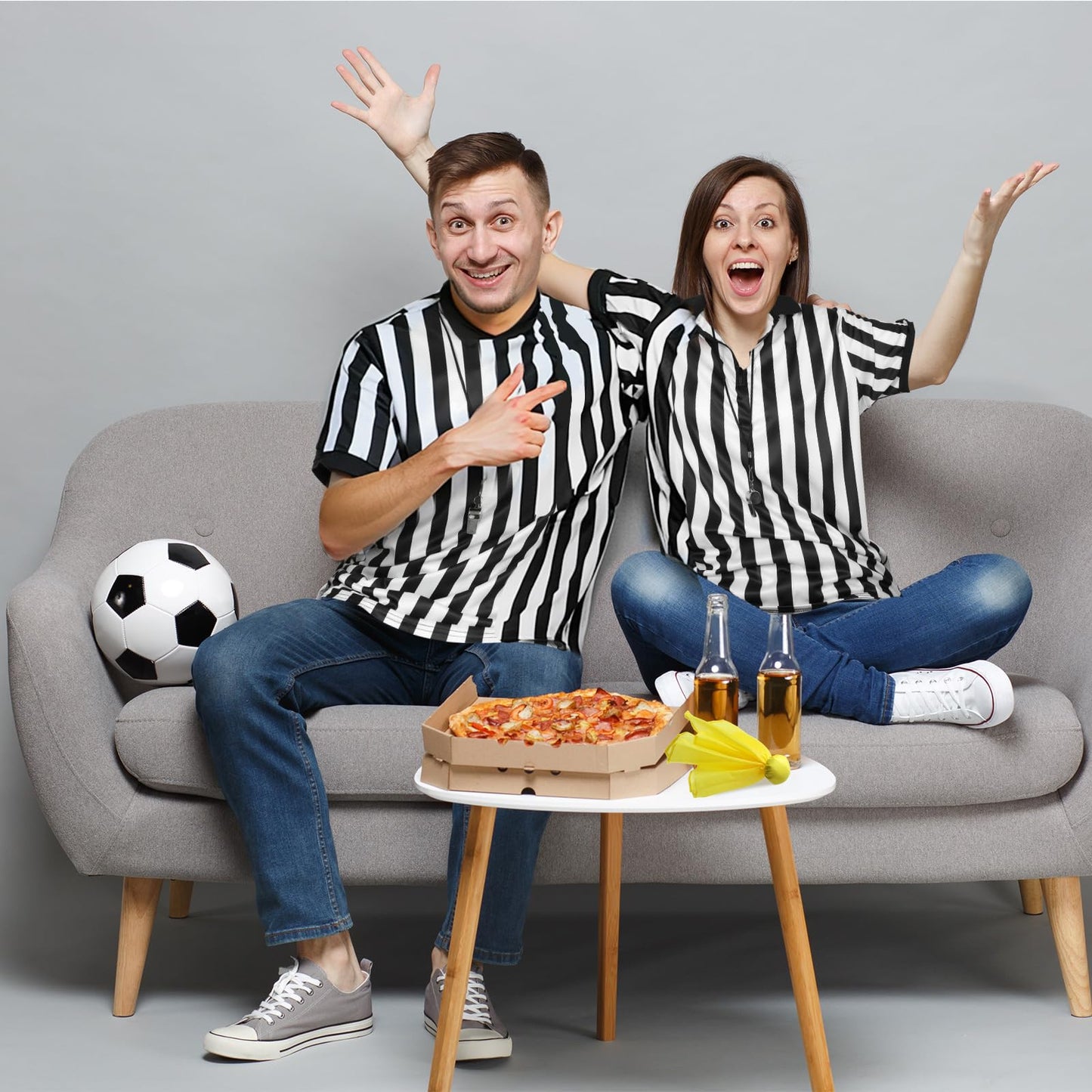 Syhood Men's Referee Shirt Stripe Umpire Jersey, Penalty Flag and Whistle for Football Soccer Sports and Halloween Cosplay(X-Large)