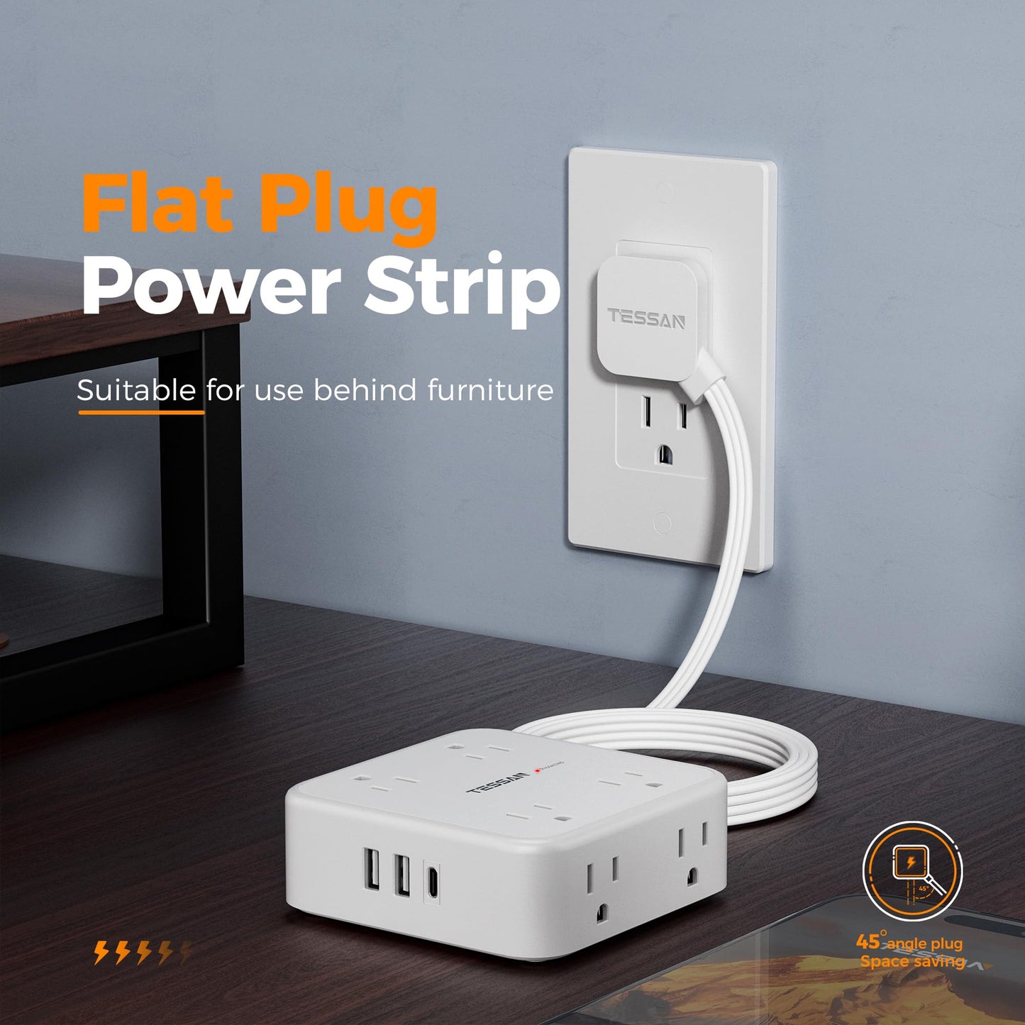 TESSAN Surge Protector Power Strip, 5 Ft Flat Plug Extension Cord with 3 USB (1 USB C) 8 Outlets, 900J Surge Protection, 3 Sided Outlet Extender with Power Switch for Office, Dorm Room Essentials