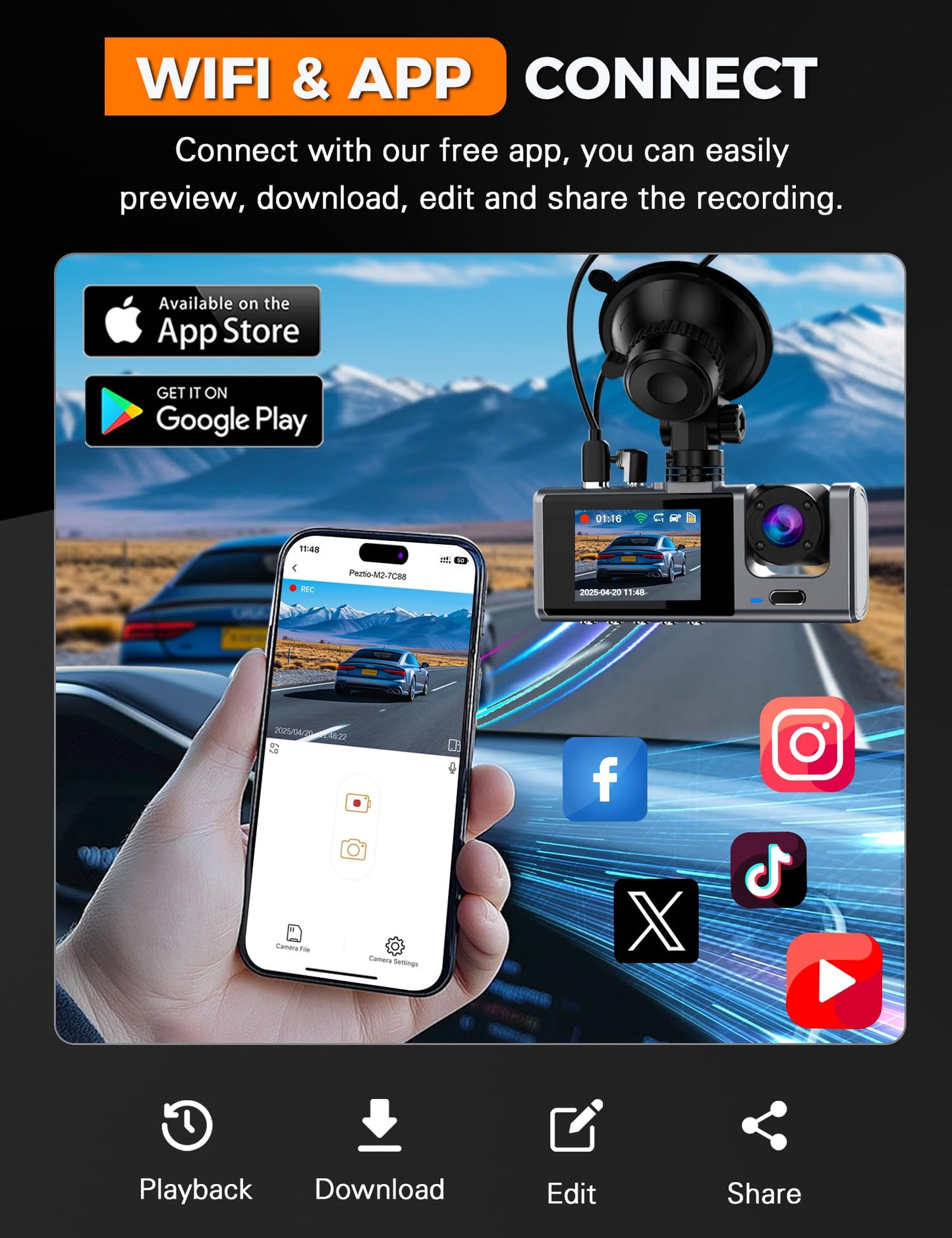 Galphi 3 Channel WiFi Dash Cam Front and Rear Inside with 64GB SD Card, 2.5K+1080P+1080P Car Dash Camera for Cars Front and Rear, Dashcam with G-Sensor, Loop Recording, 24H Parking Mode, Support 512GB