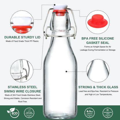 8-Pack 8.5oz Flip Top Glass Bottles, Swing Top Beer Brewing Bottle for Fermentation, Kombucha, Kefir, Vanilla Extract, Coquito, Juice, Soda, Tea - Airtight Stopper Cap Lid, Bonus 2 Bottle Pourers