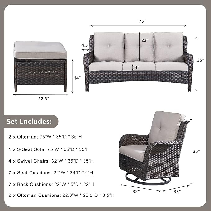Rilyson Wicker Patio Furniture Set - 7 Piece Rattan Outdoor Sectional Conversation Sets with 4 Swivel Rocking Chairs,2 Ottomans and 1 Sofa for Porch Deck Garden(Brown/Beige)