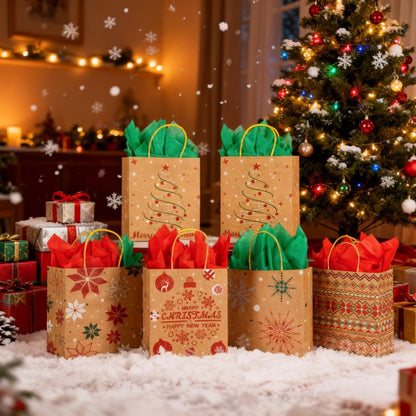 24 Christmas Kraft Gift Bags with 24 Tissue Papers, 7 x 8.6 x 3 Holiday Goody Bags with Handles, Xmas Treat Bags for Party Favors, Classroom Exchange, Present Wrapping