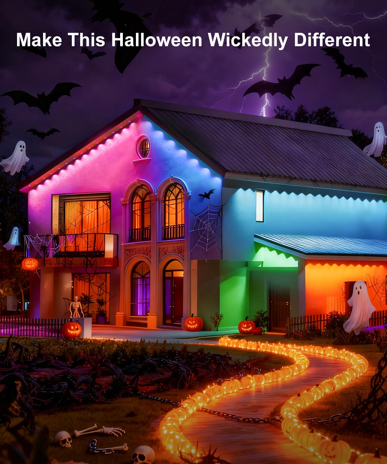 MuliVid 150Ft Permanent Outdoor Lights,Smart RGB Outdoor Lights with Remote APP Control, IP67 Waterproof Outside Light for House for Christmas, Halloween, Holiday, Party, Daily