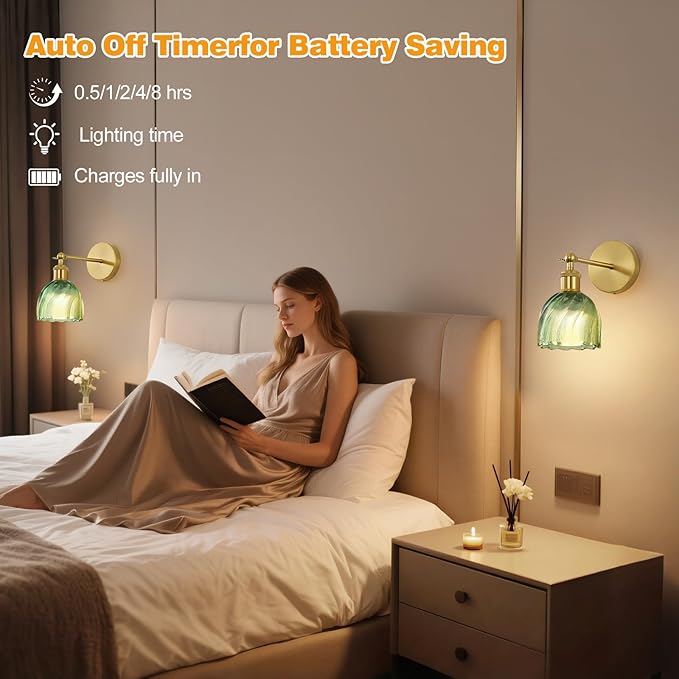 Vintage Battery Powered Cordless Wall Sconce Set of 2, Battery Wall Sconce with Green Glass Lampshade, Rechargeable Battery Powered Wall Lights with Remote Control for Bedside Bedroom Doorway