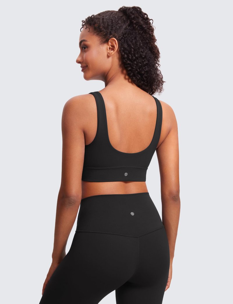 CRZ YOGA Butterluxe Womens U Back Sports Bra - Scoop Neck Padded Low Impact Yoga Clothes Workout Crop Top with Built in Pads Black X-Large