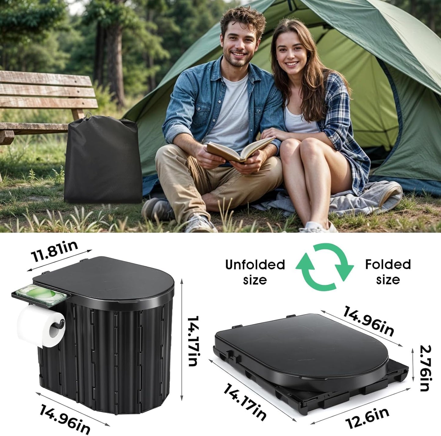 Sckee Camping Toilet, Portable Toilet for Adults, Portable Travel Folding Toilet with Lid and Paper Holder, Compact Potty for Car, Camp Toilet Portable Toilet for Camping, Hiking,Truck, RV, Beach