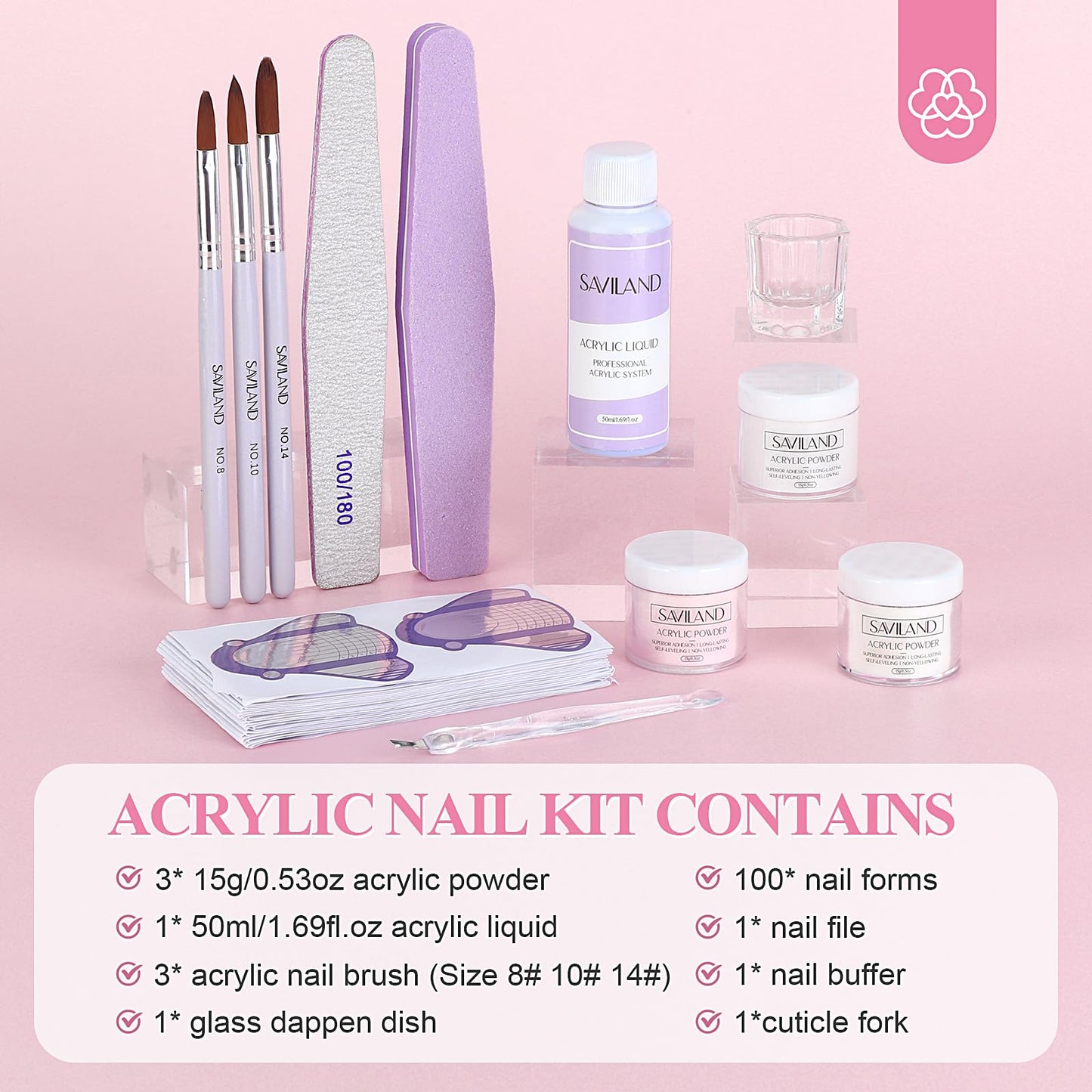 SAVILAND Essentials Acrylic Nail Kit Starter: Acrylic Nail Kit for Beginners with Everything White Pink Clear Acrylic Powder and Liquid Set #8/10/14 Nail Brush Forms Manicure Tools Home Nail Salon DIY