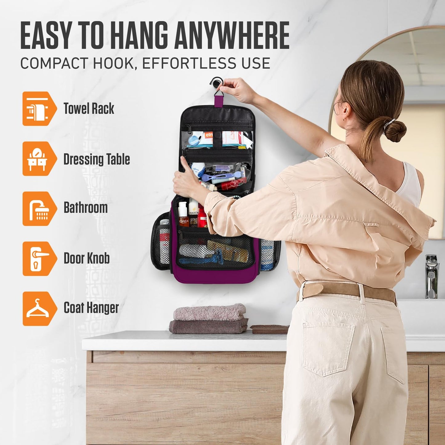 VENTURE 4TH Hanging Travel Toiletry Bag for Women & Men - Travel Organizer with Expandable Compartments & Removable Clear Pouch for Toiletries, Purple, Plain