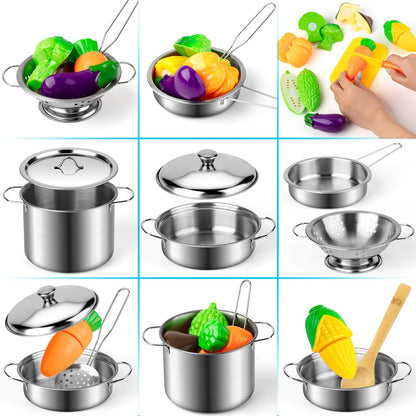 Juboury Kitchen Pretend Play Toys with Stainless Steel Cookware Pots and Pans Set, Cooking Utensils, Apron & Chef Hat, Cutting Vegetables for Kids, Girls, Boys, Toddlers