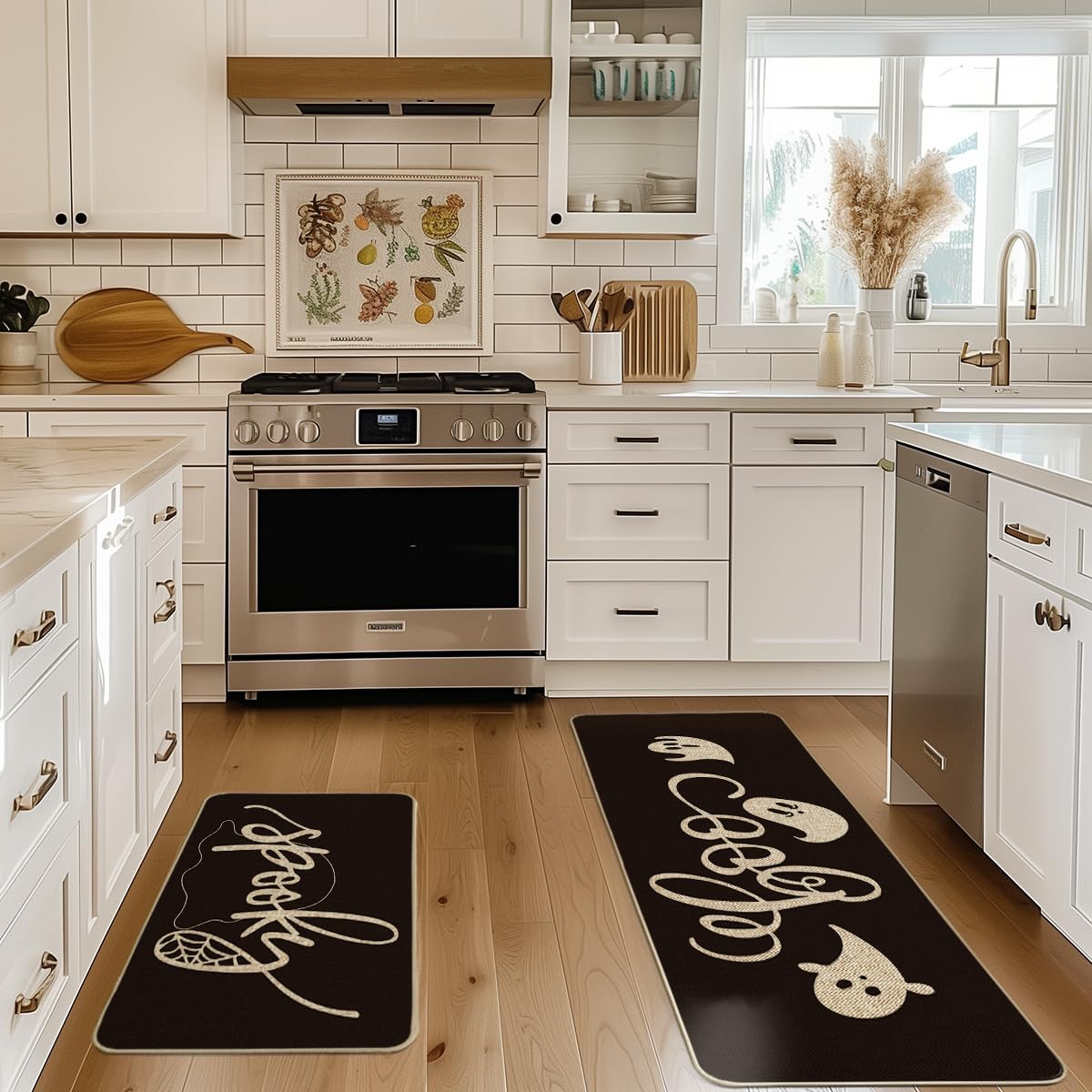 Artoid Mode Spooky Spider Web Ghosts Boo Halloween Kitchen Mats Set of 2, Home Decor Low-Profile Kitchen Rugs for Floor - 17x29 and 17x47 Inch
