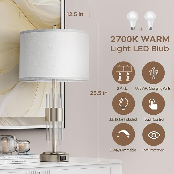 QiMH Table Lamp for Living Room,Bedside Lamp for Bedrooms Set of 2 with USB A+C Ports,3-Way Dimmable Touch Control,Modern Nightstand Lamp White Lampshade Home Decor, LED Bulb Included, Brushed Silver