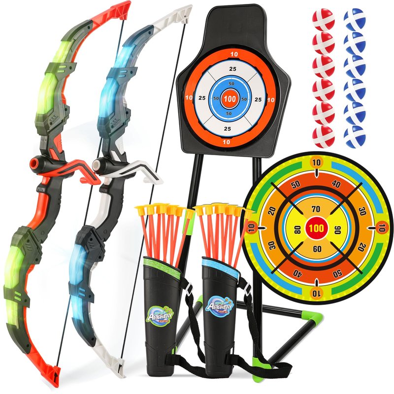 2 Pack Bow and Arrow Set with 29in Large Dart Board, LED Light Up Archery Set for Kids with 20 Suction Cup Arrows&12 Sticky Balls Standing Target Indoor Outdoor Toys Must Have for Boys Girls 3-12 yo