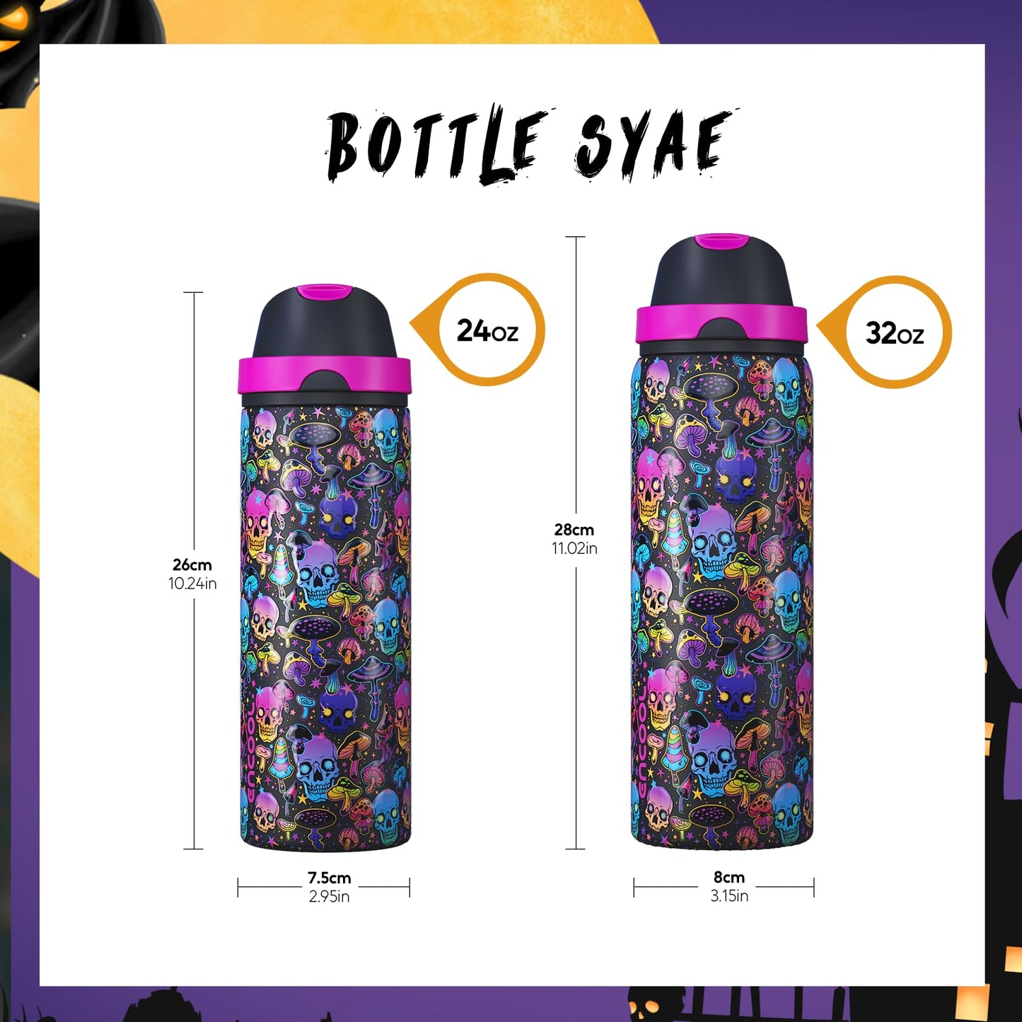 Halloween Insulated Water Bottle with Straw - Stainless Steel Water Bottle with Push Button Lid, Leak-Proof BPA-Free, Keeps Cold for 24 Hours for Halloween gifts, Party (32 oz, Trippy Skulls)