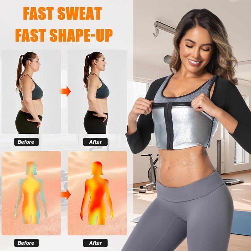 Towintec Sauna Suit for Women Heat Trapping Long Sleeve Sweat Suit Belly Fat Weight Loss Compression Shirts Waist Trainer Workout Body Shaper Tops with Zipper for Athletic Sports Training(Silver,L)