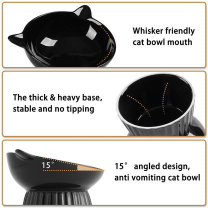 Wellbro Ceramic Raised Cat Bowl，Tilted Raised Bowl Anti Vomit for Indoor Cats Whisker Friendly Pet Feeder for Cats Puppies, Microwave and Dishwasher Safe (Black)