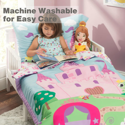EVERYDAY KIDS 4 Piece Toddler Bedding Set -Princess Storyland- Includes Comforter, Flat Sheet, Fitted Sheet and Reversible Pillowcase