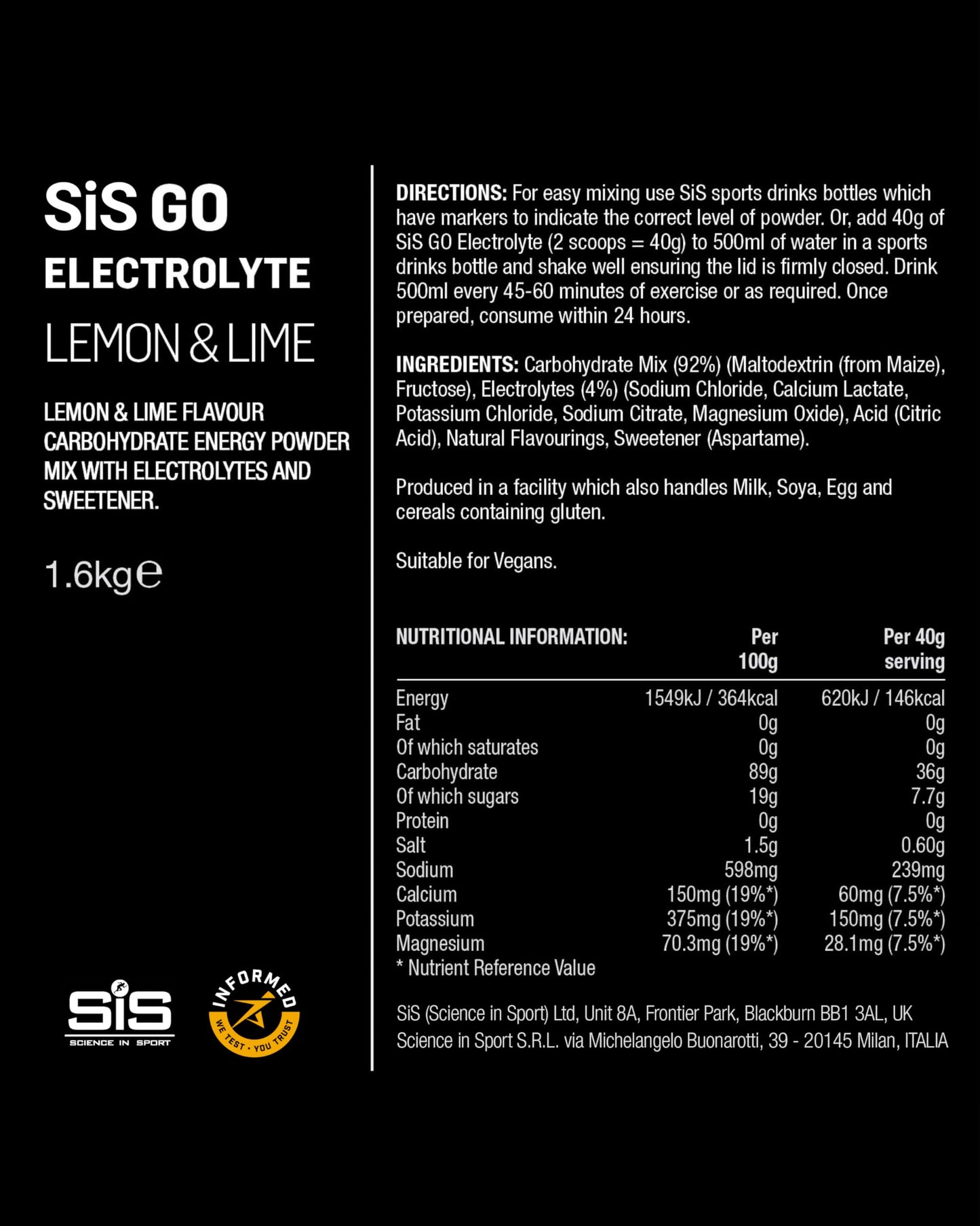 Science In Sport GO Electrolyte Powder Energy Drinks, High Carbohydrates and Sodium, Lemon and Lime Flavour, 40 Servings Per 1.6kg
