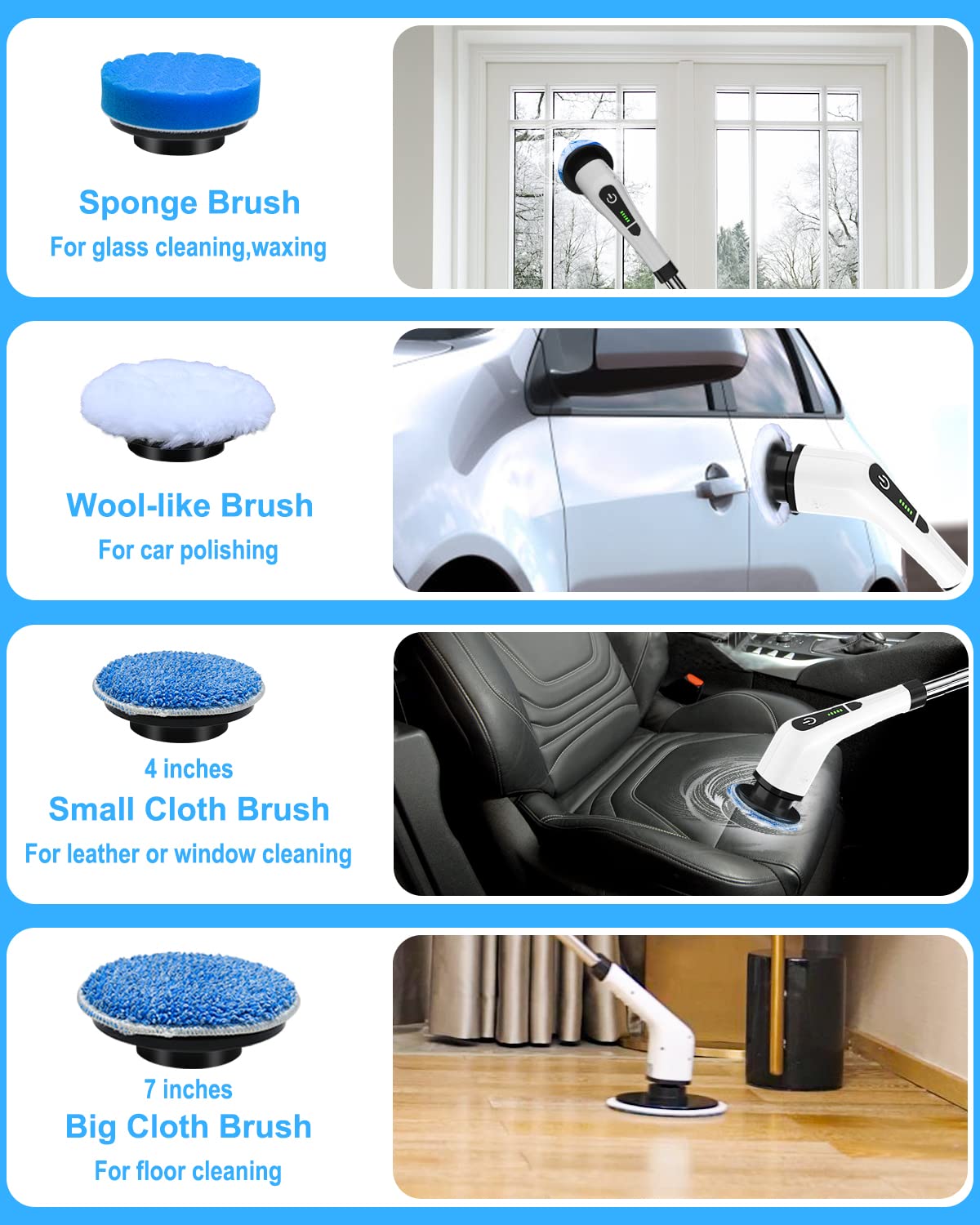 Leebein Electric Spin Scrubber, Cordless Cleaning Brush with 8 Replaceable Brush Heads, Extendable Long Handle Bathroom Cleaning Scrubber, 300/400RPM Spin Scrubber for Bathroom Kitchen Floor Tile