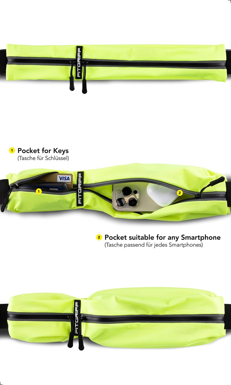 Fitgriff® Running Belt for Men & Women - Secure Jogging Pouch for Phone, Keys & Essentials - For All Cell Phones (Neon Yellow, 33.5" - 47.5" Waist Size)