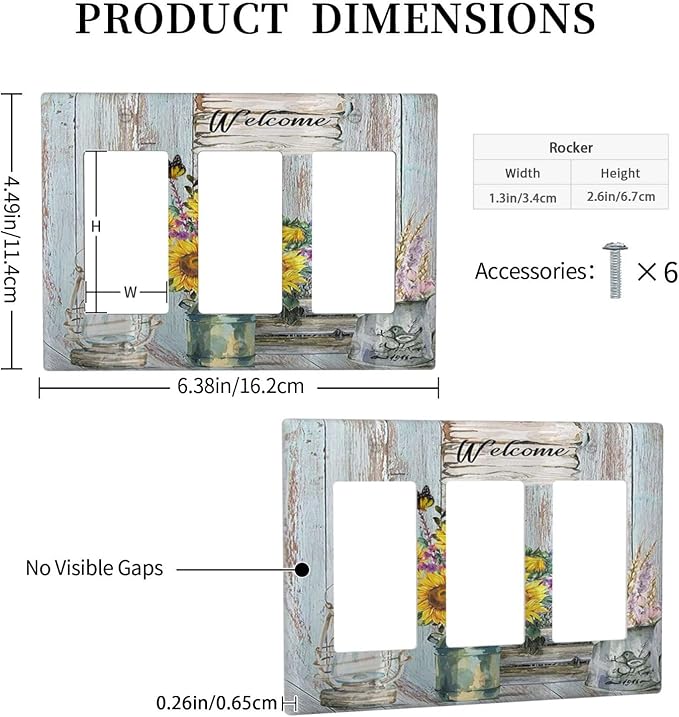 Sunflower Vintage Barn Wooden Triple Rocker Light Switch Covers Sun floral 3 Gang Outlet Wall Plate Cover Decorative Switchplate Faceplate GFCI Farmhouse Home Livingroom Decor