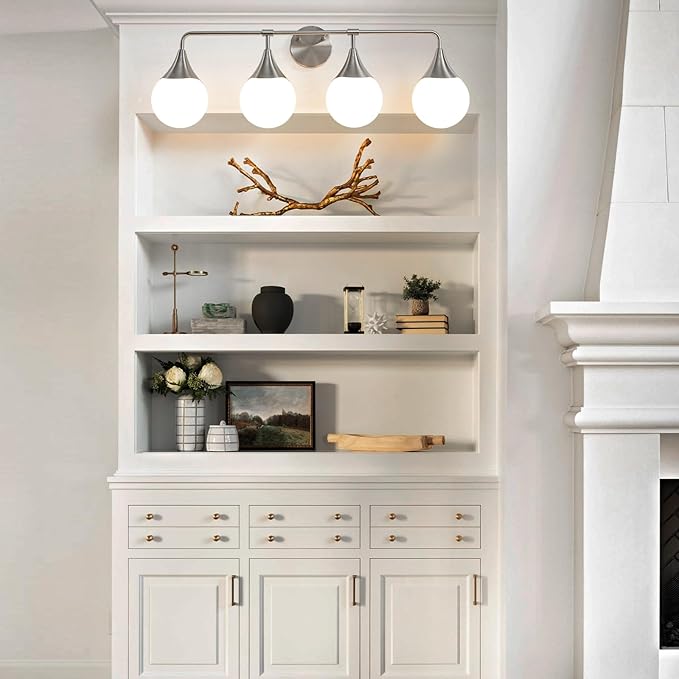 Bathroom Vanity Light Fixtures: 4 Lights Mid Century Modern Bathroom Lighting Fixtures Over Mirrors - Brushed Nickel Wall Sconce with Milky Glass Ball Shades for Bath Bedroom