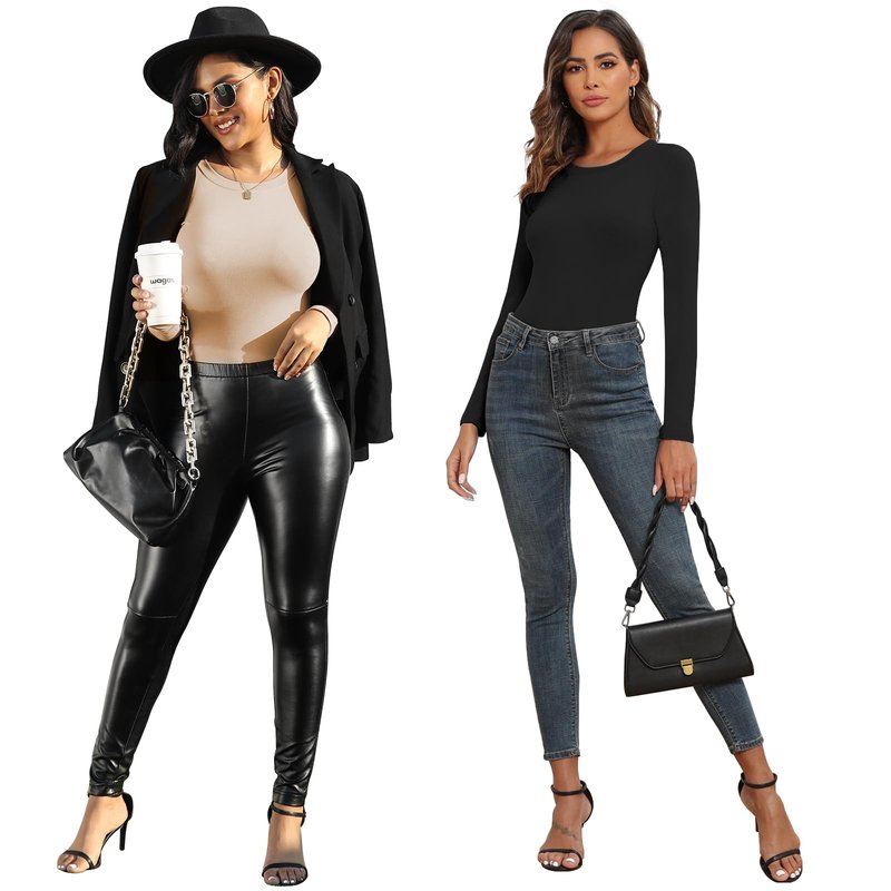 BALENNZ Long Sleeve Bodysuits Pack Brown Long Sleeve Bodysuit Round Neck Black Bodysuit Pack Fall White Body Suit Womens Bodysuit Tops 4BS