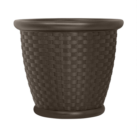 Suncast Sonora 22 Inch Plastic Wicker Indoor or Outdoor Decorative Garden Flower Planter for Entryways, Porch, and Backyard Patios, Dark Brown