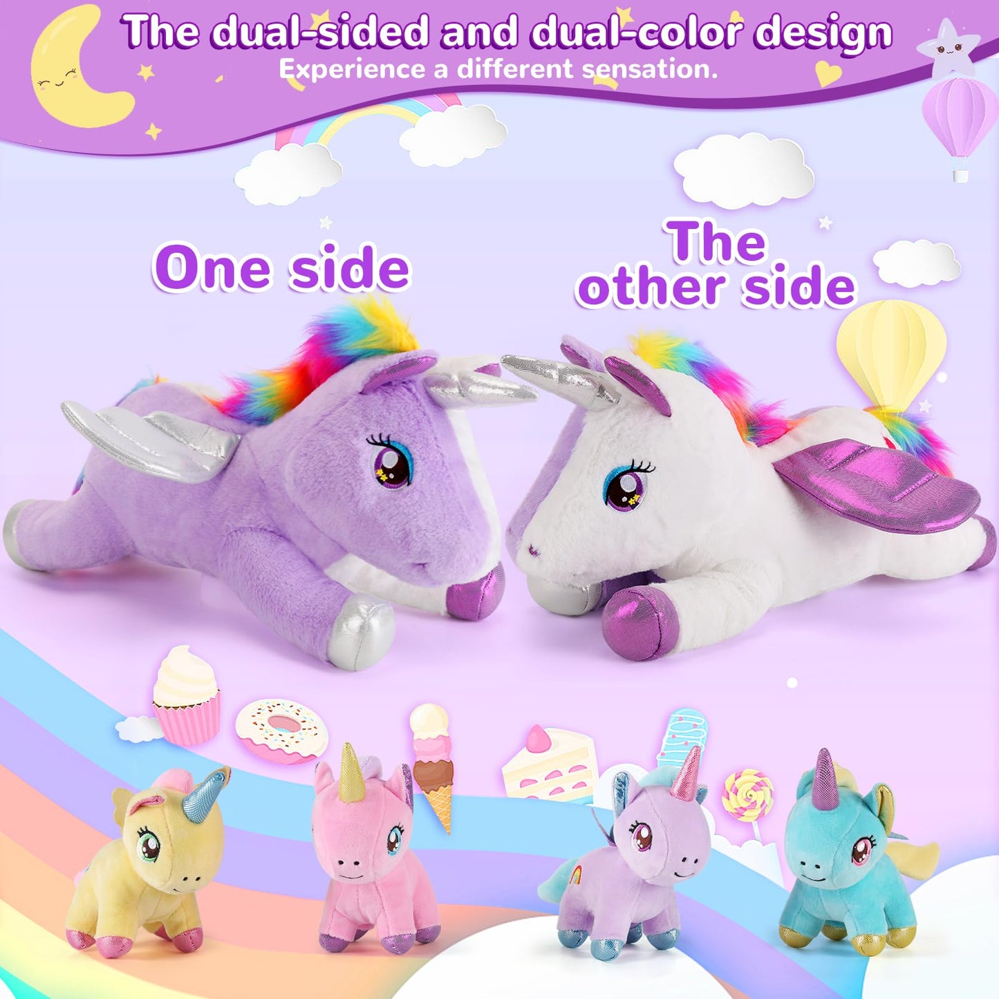 gnomantic 5 Pieces Unicorn Stuffed Animals - 1 Mommy Stuffed Unicorn with 4 Babies - Unicorns Gifts for Girls Ages 3 4 5 6 7 8, Unicorns Plush Toys for Christmas, Valentine's, Birthday Gifts (Purple)
