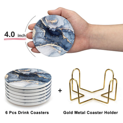 6 Pcs Navy Blue Marble Abstract Ceramic Coasters with Holder Best Absorbent Drink Coasters Round Ceramic Table Coasters Set Decorative Coffee Cup Beverage Coasters Wine Beer Bar Coasters