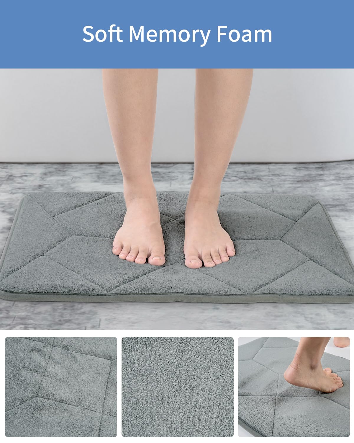 Cozary Memory Foam Bathroom Rugs, Super Soft Absorbent and Non-Slip Bath Mats for Shower Floor, Quick Dry Machine Washable Carpet Rug for Home Decor (36"×24",Grey)
