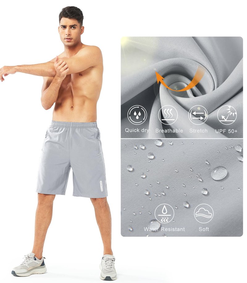 NORTHYARD Men's Athletic Running Shorts Gym Workout 7"/9"/5" Quick Dry Lightweight Sports Basketball Tennis 3 Zipper Pockets GREY-9inch 3XL