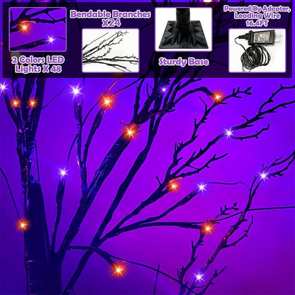 2 Pack & Timer - 4 Ft Lighted Black Halloween Tree with 48 LED Orange & Purple Lights, Spooky Artificial Black Trees for Halloween Decorations Outdoor Indoor Home Yard Party Decor