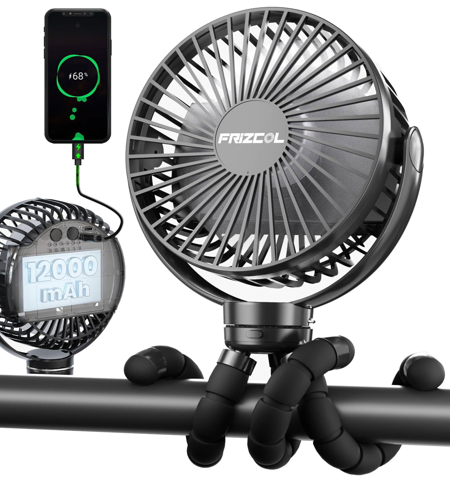 FRIZCOL Portable Stroller Fan, Use As Power Bank, 65H 12000mAh Battery Operated Fan Flexible Tripod Baby Car Seat Fans with Timming, Personal Mini Handheld/Desk/Small Clip On Fans For Stroller