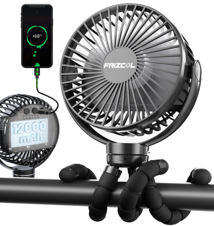 FRIZCOL Portable Stroller Fan, Use As Power Bank, 65H 12000mAh Battery Operated Fan Flexible Tripod Baby Car Seat Fans with Timming, Personal Mini Handheld/Desk/Small Clip On Fans For Stroller