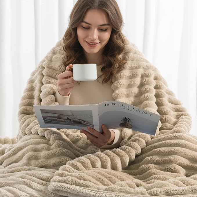 decorUhome Soft Fleece Light Brown Twin Blanket for Bed, Cozy Fluffy Plush Flannel Striped Throws for Couch Sofa, Lightweight Decorative Ribbed Fuzzy Blanket for Woman, 60x80 Inches